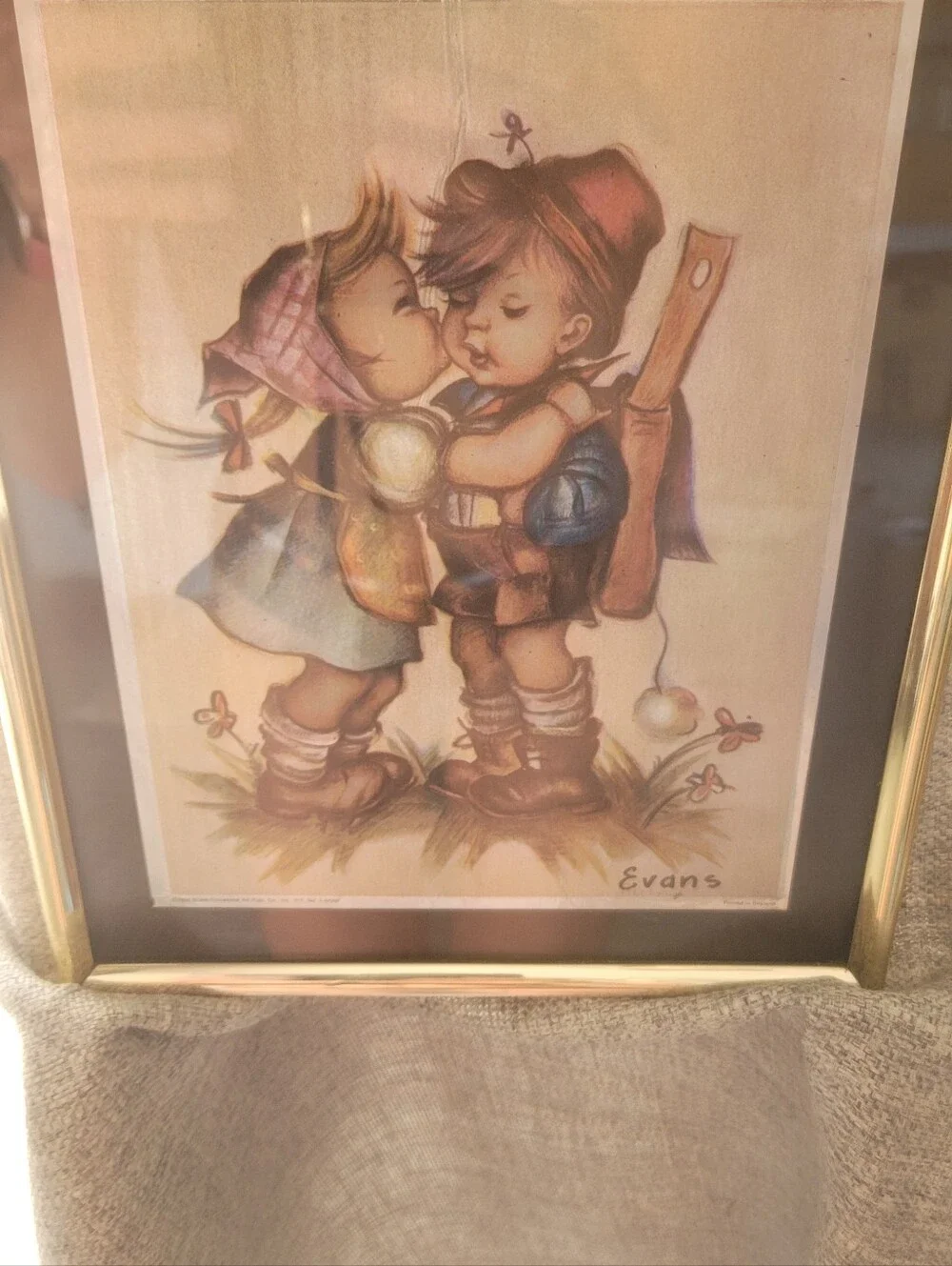Hummel Lithograph PrintEvans Framed FIRST KISS in Gold and Black